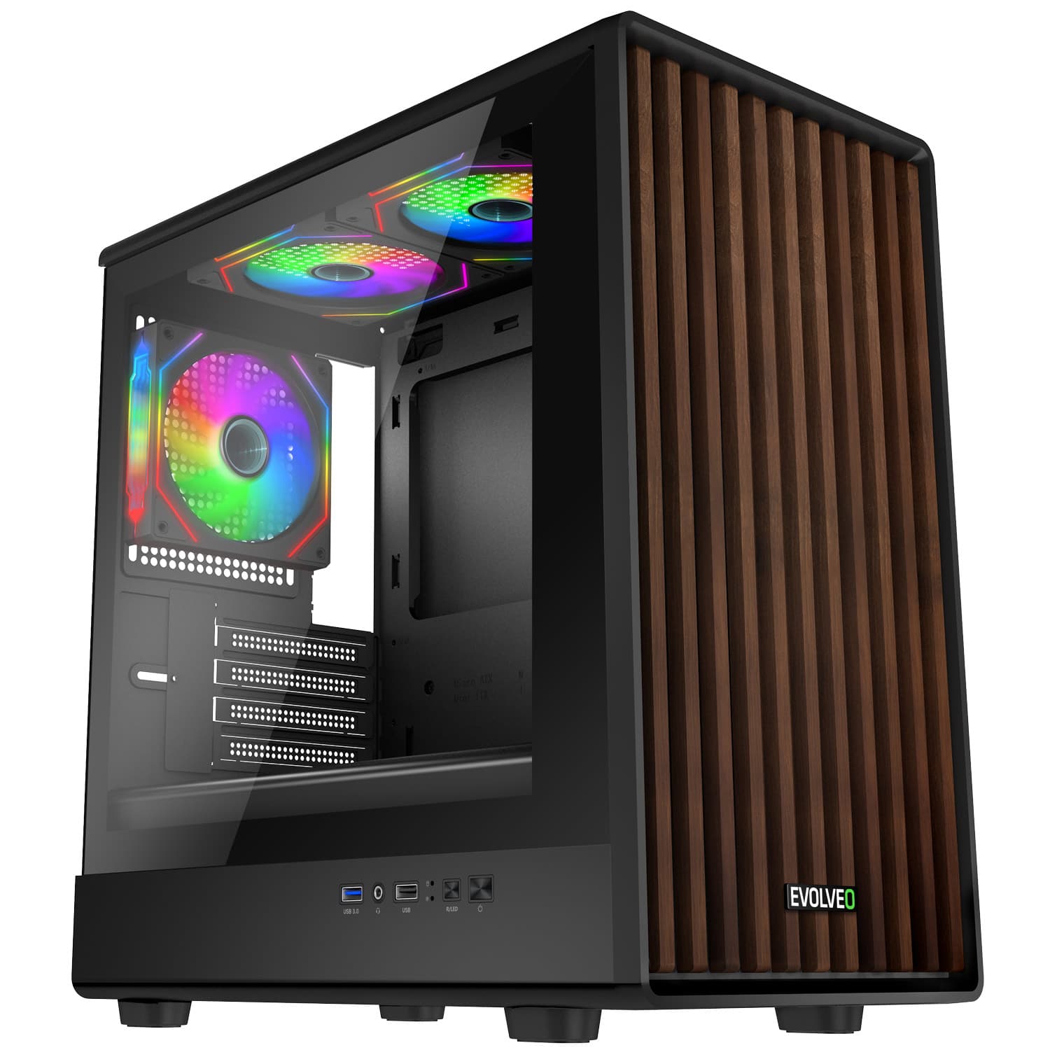EVOLVEO Panthera, mATX 3x ARGB 120 dřevo+sklo