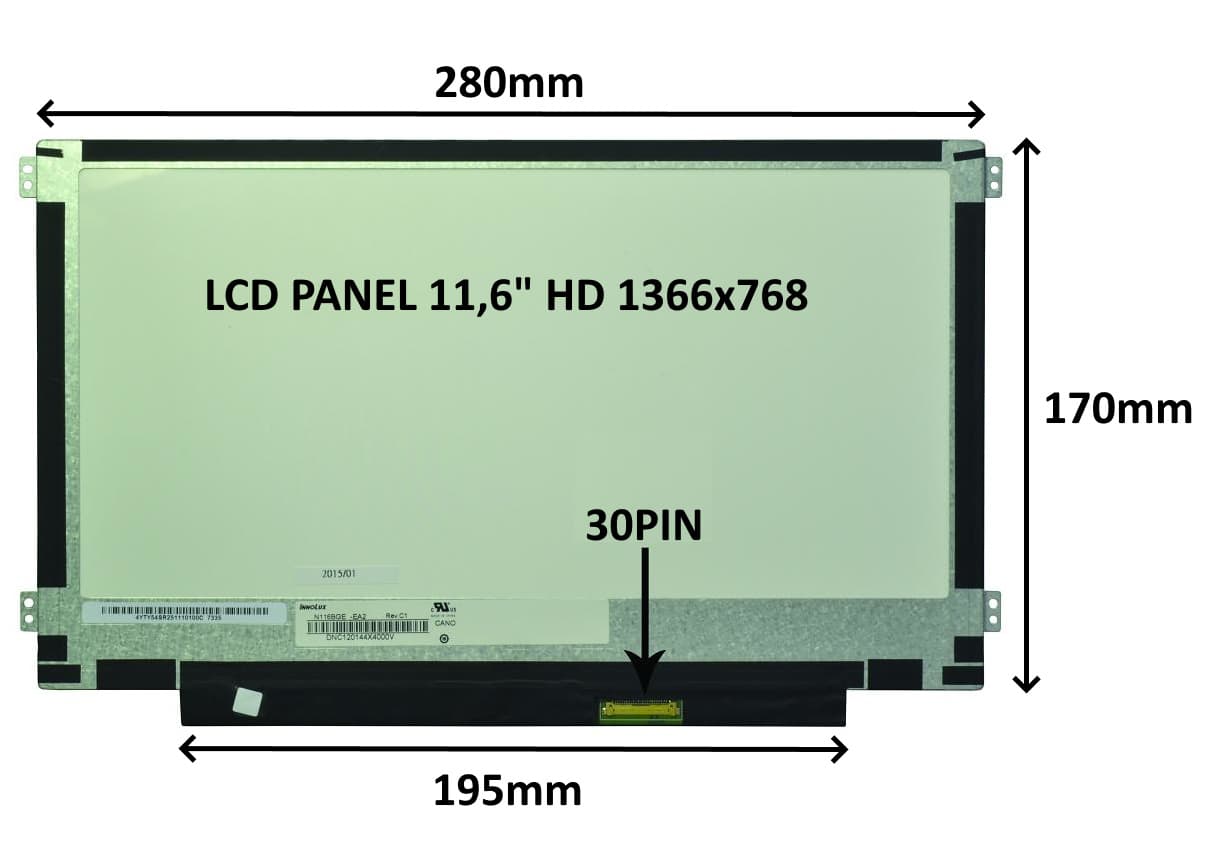 LCD PANEL 11,6" HD 1366x768 30PIN MATNÝ ÚCHYTY PO STRANÁCH
