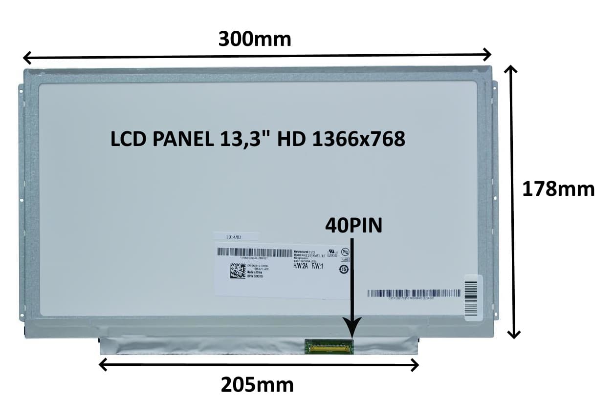LCD PANEL 13,3" HD 1366x768 40PIN MATNÝ ÚCHYTY PO STRANÁCH