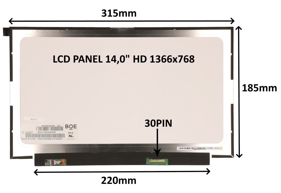 LCD PANEL 14,0" HD 1366x768 30PIN MATNÝ BEZ ÚCHYTŮ
