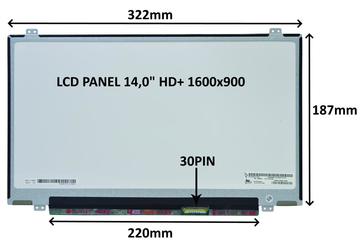 LCD PANEL 14,0" HD+ 1600x900 30PIN MATNÝ ÚCHYTY NAHOŘE A DOLE