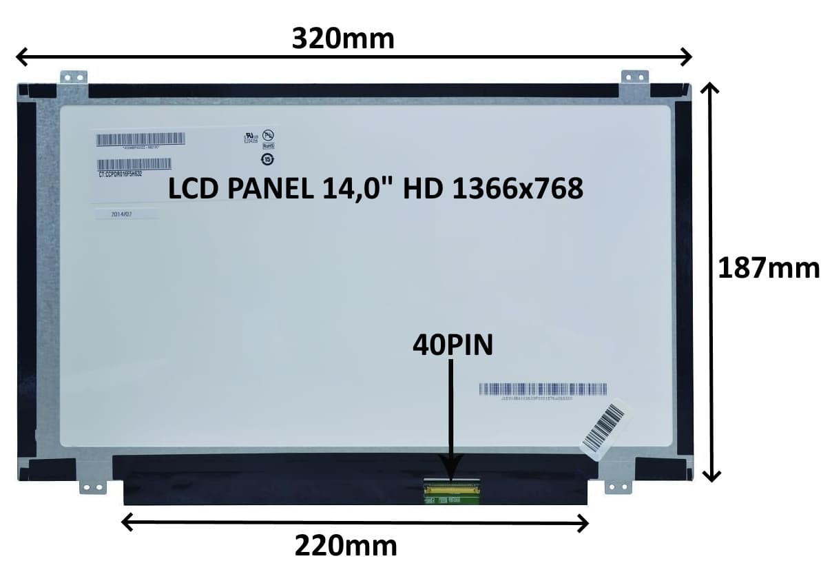 LCD PANEL 14,0" HD 1366x768 40PIN MATNÝ ÚCHYTY NAHOŘE A DOLE
