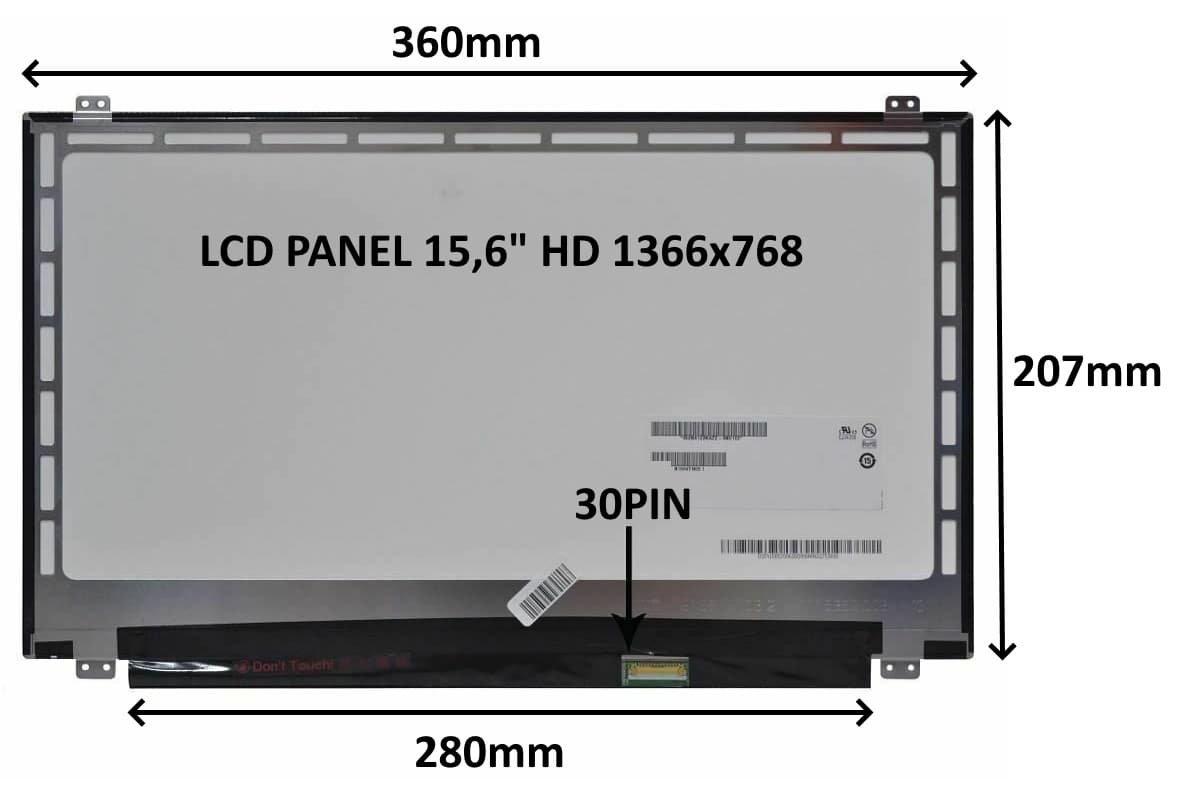 LCD PANEL 15,6" HD 1366x768 30PIN LESKLÝ ÚCHYTY NAHOŘE A DOLE