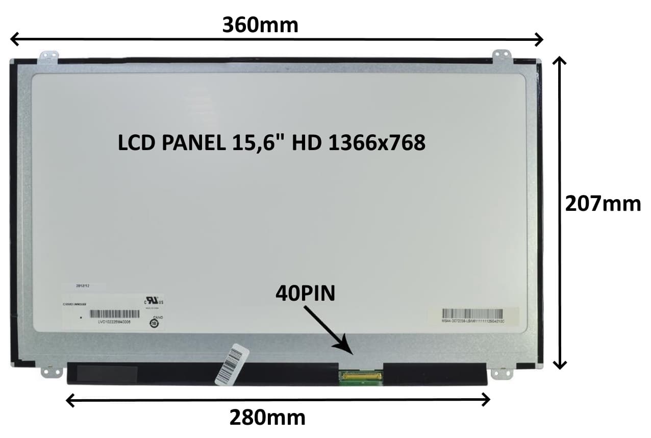 LCD PANEL 15,6" HD 1366x768 40PIN MATNÝ ÚCHYTY NAHOŘE A DOLE