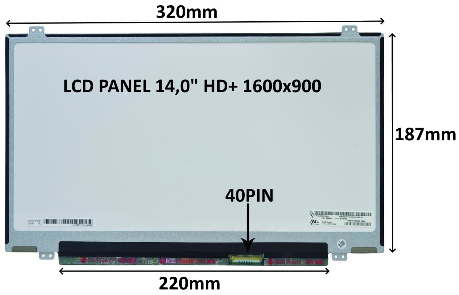 LCD PANEL 14,0" HD+ 1600x900 40PIN MATNÝ ÚCHYTY NAHOŘE A DOLE
