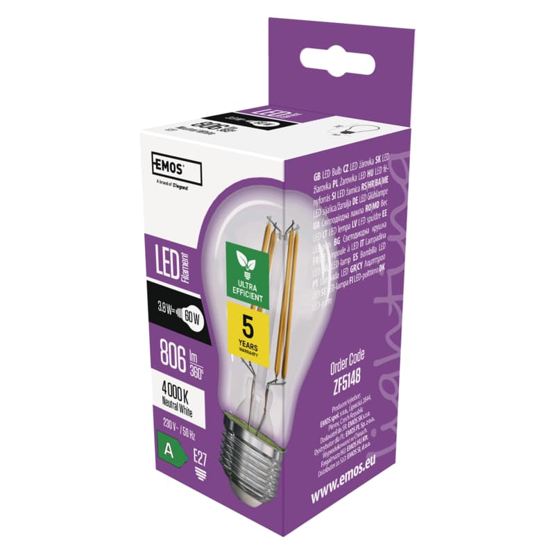 LED žárovka A60 E27 3,8W 60W 806lm neutrální bílá