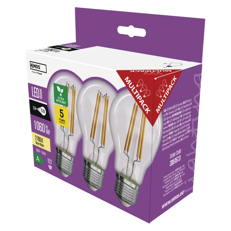LED žárovka A60 E27 5W 75W 1060lm teplá bílá 3KS