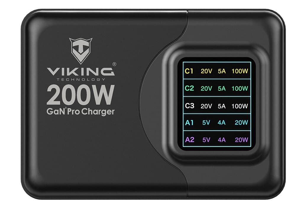 Viking USB GaN charger 200W PD PRO síťový adaptér Output:3xUSB-C,2xUSB-A Rychlo nabíjení