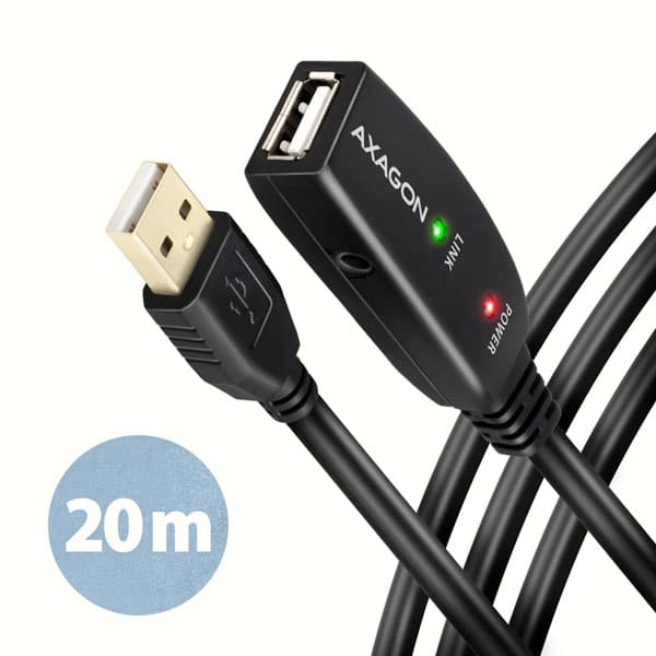 AXAGON ADR-220, USB 2.0 A-M -> A-F aktivní prodlužovací repeater kabel, 20m