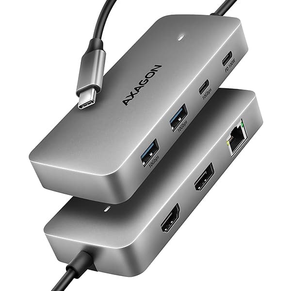 AXAGON HMC-CUB83X2, USB 10Gbps hub, 2x USB-A, USB-C, HDMI & DP 4k 144Hz, RJ-45, PD 100W, kabel 15cm