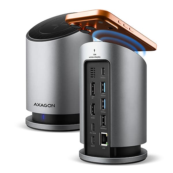 AXAGON HMC-WL9, USB 10Gbps hub s Qi, 3x USB-A, USB-C, HDMI & DP 4k 60Hz, RJ-45, PD 100W, kabel 60cm