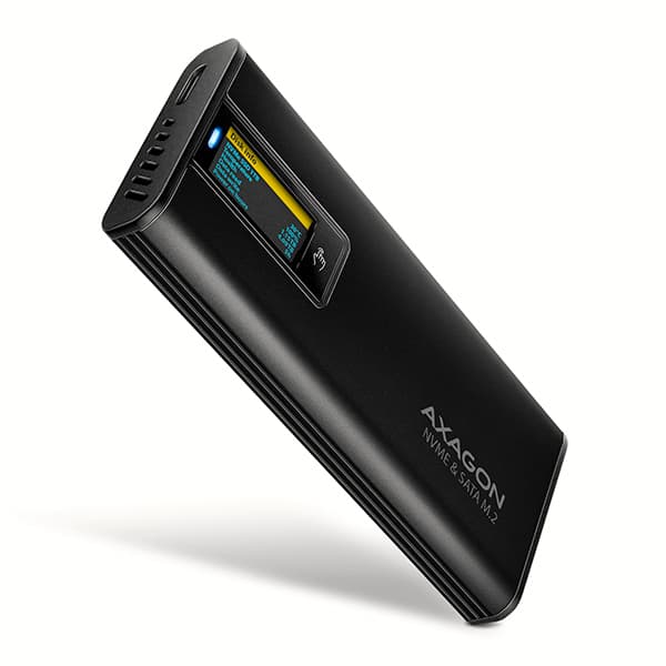 AXAGON EEM2-SD2B, USB-C 10Gbps externí box s displejem pro M.2 NVMe SATA SSD, bezšroubkový, černý