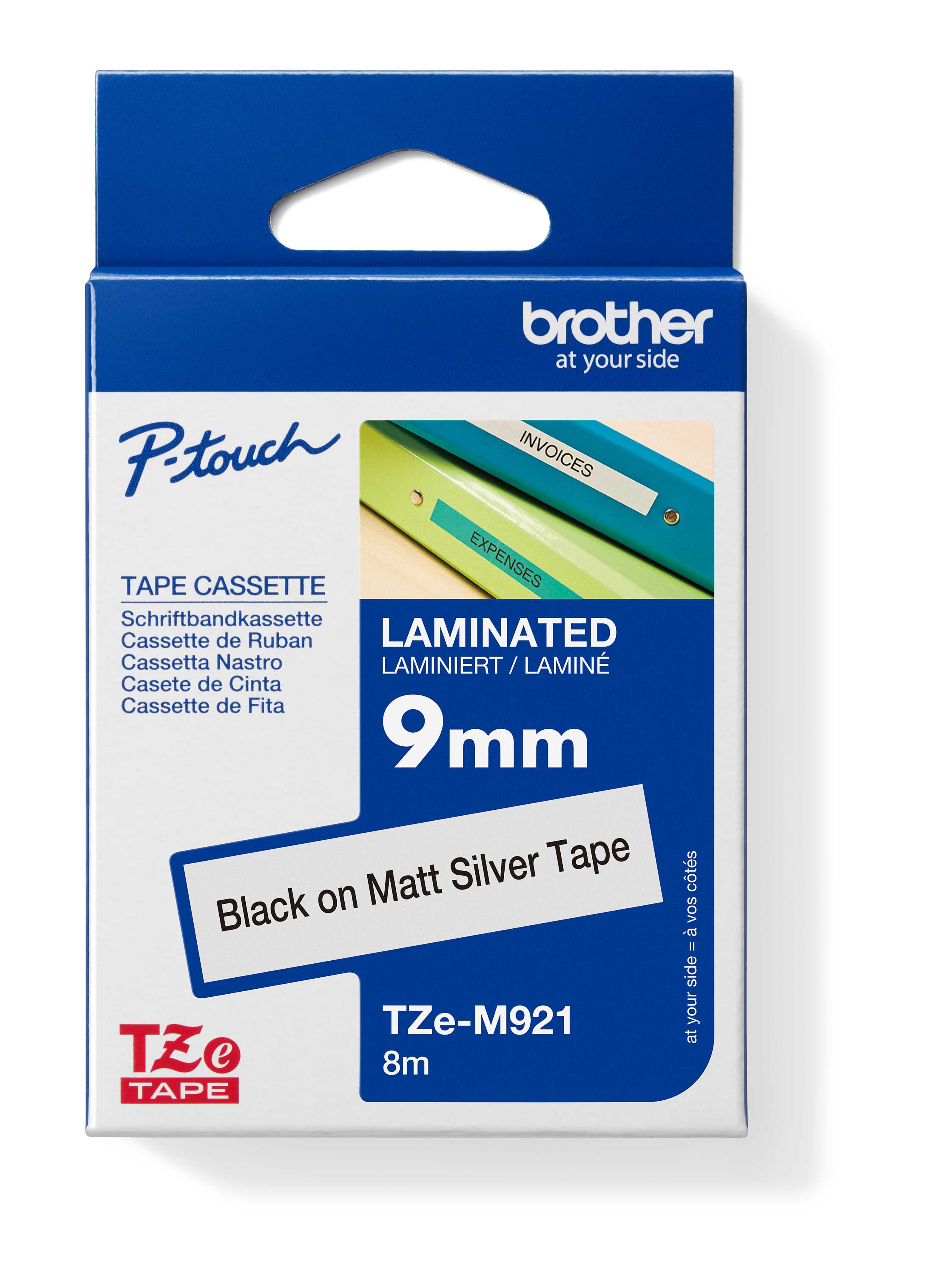TZE-M921 - černý tisk matně stříbrný podklad, 9mm
