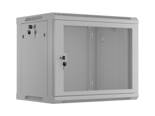 NÁSTĚNNÁ INSTALAČNÍ SKŘÍŇ 19" 9U 600X450 ŠEDÉ PERFOROVANÉ DVEŘE - PLOCHÉ BALENÍ