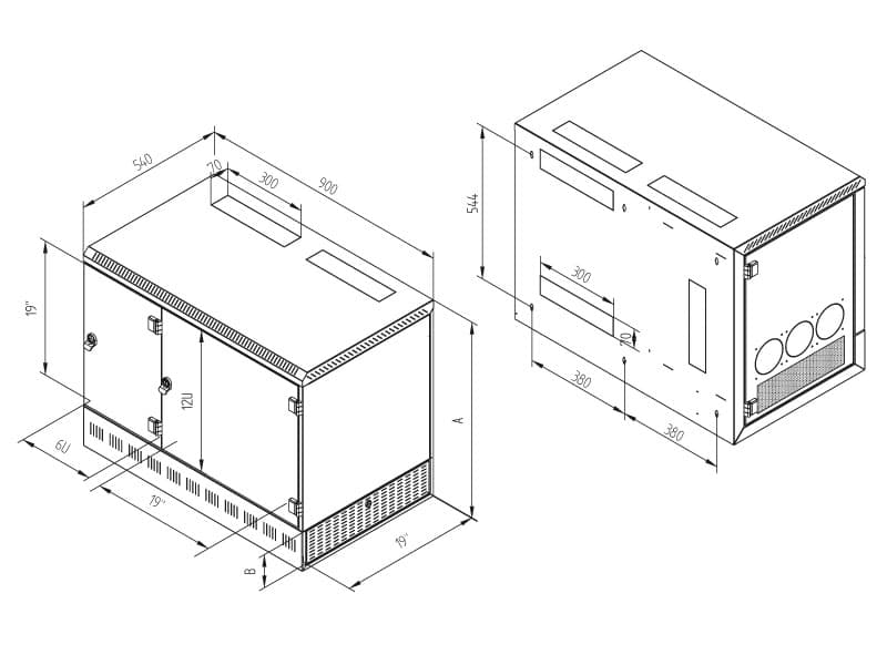 19' rozv.nást.12U 900x540mm+2U,server vpravo,černý
