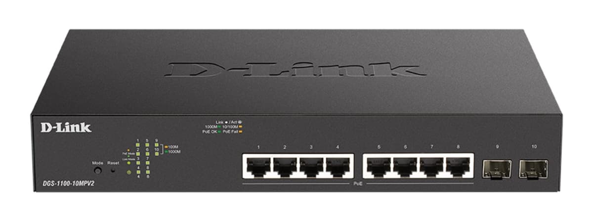 D-Link DGS-1100-10MPV2, 8x 1000Base-T 802.3af 802.3at PoE, 2x SFP, 130W PoE budget