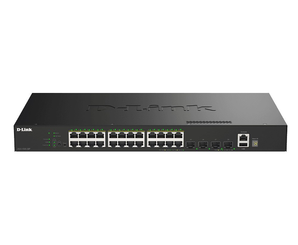 D-Link DGS-1530-28P E 24 Ports GE PoE(30W) + 4 Ports 10G SFP+ Smart Managed Switch, 370W