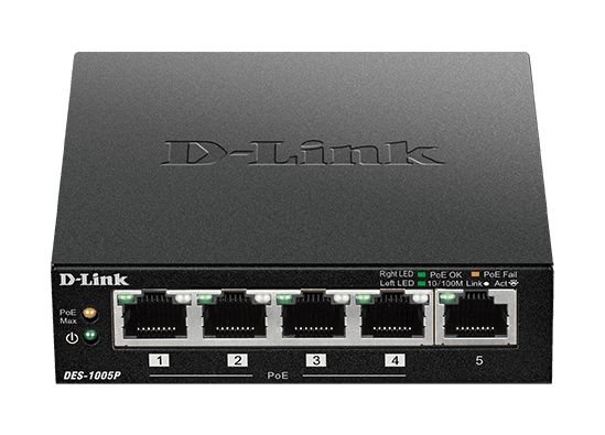 D-Link DES-1005P 5-port 10 100 switch, 4xPoE+,60W