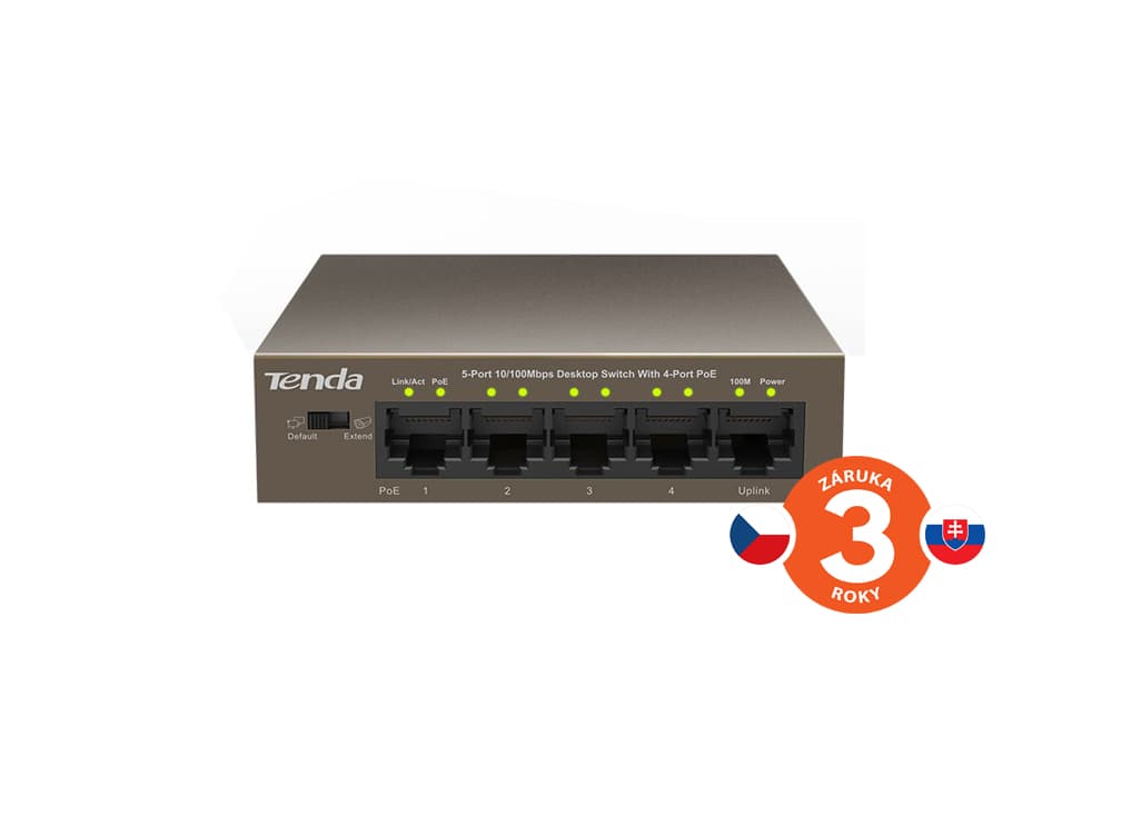 Tenda TEF1105P-4-63W PoE AT switch 4x PoE 802.3af at, 5x 100Mb s, PoE celkem 63W, fanless, PoE+