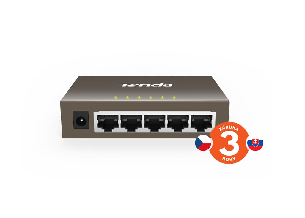 Tenda TEG1005D - 5x 10 100 1000 Mbps Kovový Switch, Fanless - bez ventilátorů, ochrana 6 kV