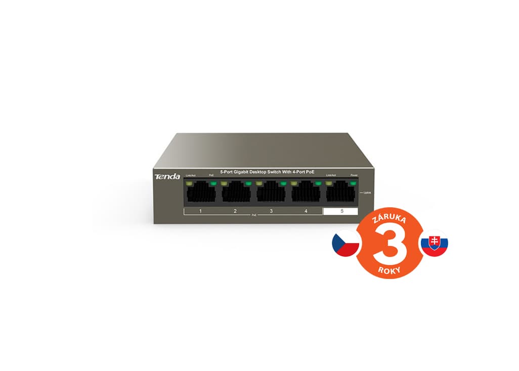 Tenda TEG1105P-4-63W PoE AT switch 4x PoE 802.3af at, 5x 1 Gb s, PoE celkem 63W, fanless, PoE+