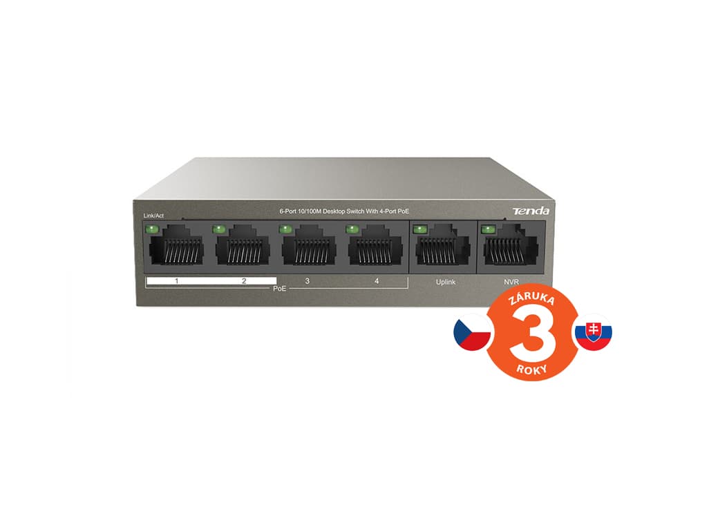 Tenda TEF1106P-4-63W PoE AT switch 4x PoE 802.3af at, 6x 100Mb s, PoE celkem 63W, fanless, PoE+