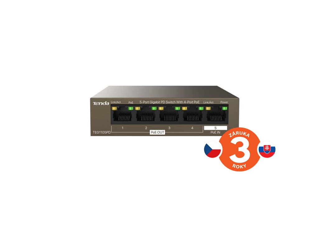 Tenda TEG1105PD PoE PD Gigabit switch, 1x PoE IN, 4x PoE OUT 802.3af, 5x 1 Gb s, max. 30W, fanless