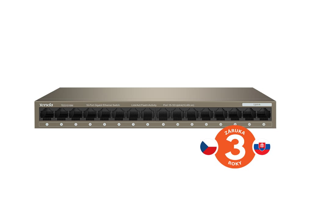 Tenda TEG1016M 16-port Gigabit Switch, 16x 10 100 1000 Mb s, Fanless, MAC 8K, napájení AC DC, i zeď