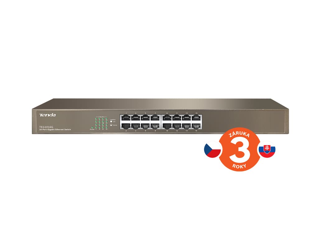 Tenda TEG1016G 16-port Gigabit Switch, 16x 10 100 1000 Mb s, Fanless, MAC 8K, i na zeď, Rackmount
