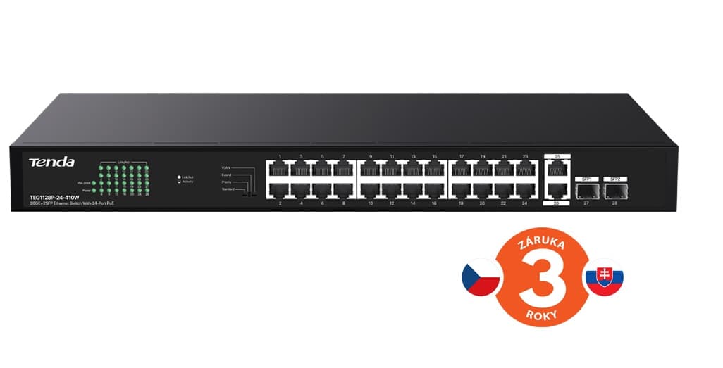 Tenda TEG1128P-24-410W PoE+ Gigabit switch 24x 1Gb s PoE+ 802.3af at + 2x SFP + 2x RJ45, 370W, Rack
