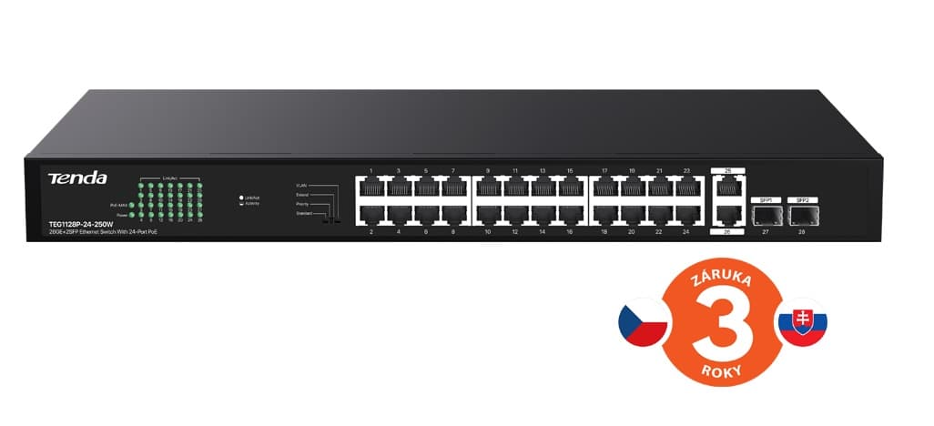 Tenda TEG1128P-24-250W PoE+ Gigabit switch 24x 1Gb s PoE+ 802.3af at + 2x SFP + 2x RJ45, 230W, Rack
