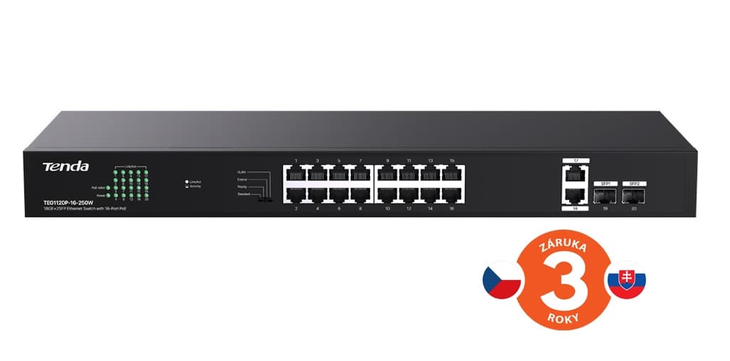 Tenda TEG1120P-16-250W PoE+ Gigabit switch 16x 1Gb s PoE+ 802.3af at + 2x SFP + 2x RJ45, 230W, Rack