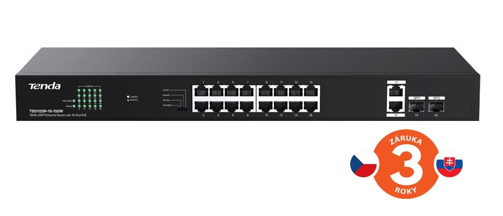 Tenda TEG1120P-16-150W PoE+ Gigabit switch 16x 1Gb s PoE+ 802.3af at + 2x SFP + 2x RJ45, 135W, Rack