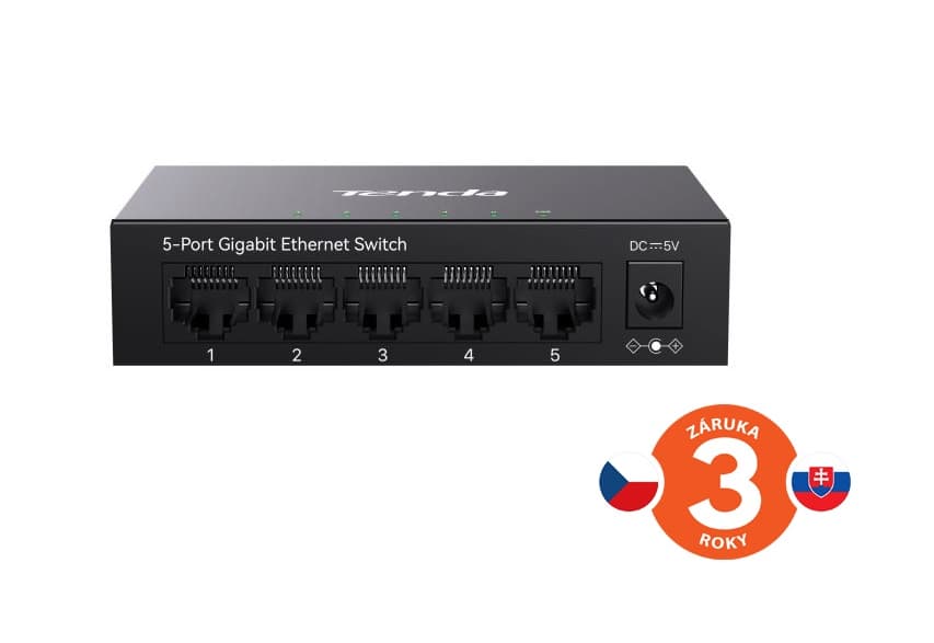 Tenda TEG1005M - 5x 10 100 1000 Mbps Kovový Switch, Fanless - bez ventilátorů, ochrana 6 kV