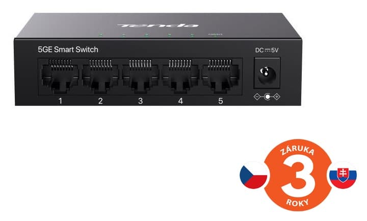 Tenda TEG2205D Websmart L2 cloud managed switch, 5x 10 100 1000 Mbps, Kov, Fanless - bez ventilátorů