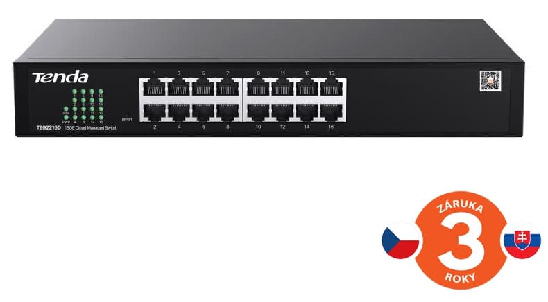 Tenda TEG2216D Websmart L2 cloud managed switch, 16x 10 100 1000 Mbps, Kov, Fanless-bez ventilátorů