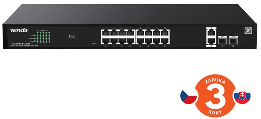Tenda TEG2220P-16-250W Gigabit Websmart L2 Cloud PoE+ Switch 230W, 16x1Gb s PoE+, 2xRJ45, 2xSFP,Rack