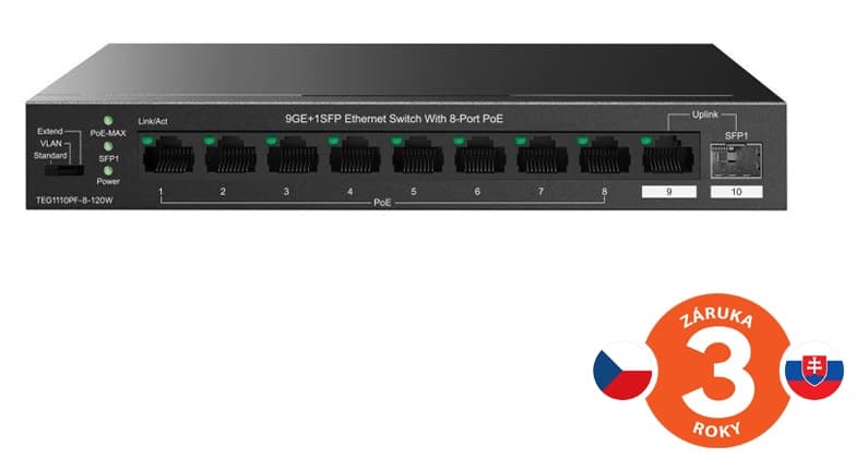 Tenda TEG1110PF-8-120W PoE+ AT switch 8xPoE 802.3af at + Uplink RJ45 + SFP port, 110W, PoE+, fanless