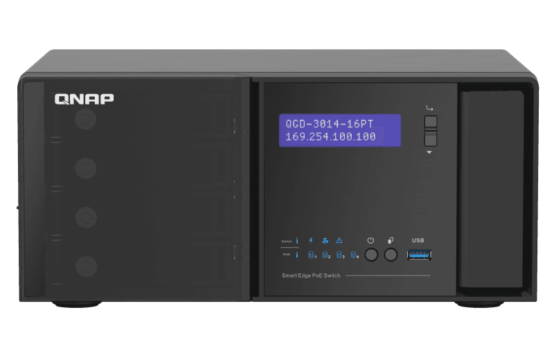 QNAP řízený switch QGD-3014-16PT-8G (16x GbE PoE+, 4core CPU, 4x SATA, 8GB RAM, 2x HDMI, 3x USB)