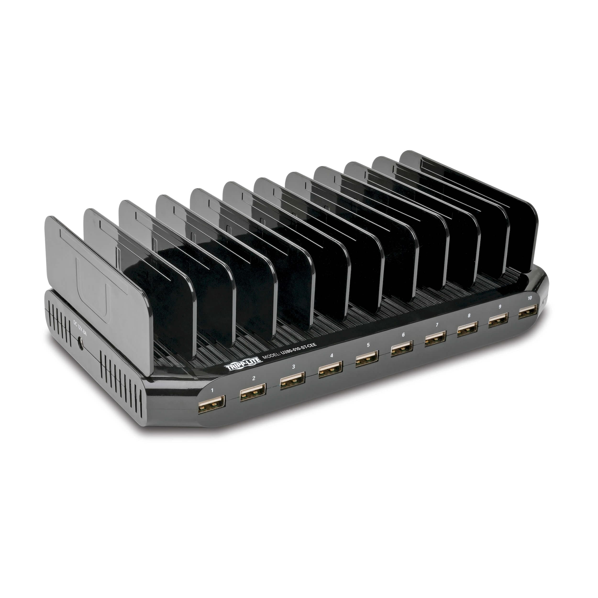 USB nabíjecí stanice s úložným prostorem, výstup 10x 12V, 8A, 96W, napájecí kabel Schuko