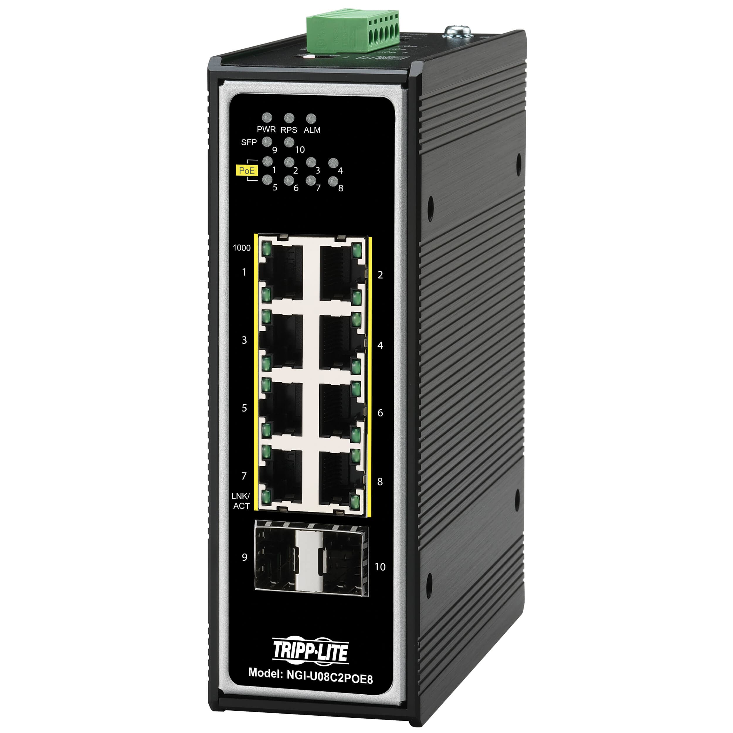 Přepínač 8x zdroj Unmanaged Ethernet Switch, 10 100 1000Mb s, 2GbE SFP, PoE+ 30W, -40°?+75°C, DIN