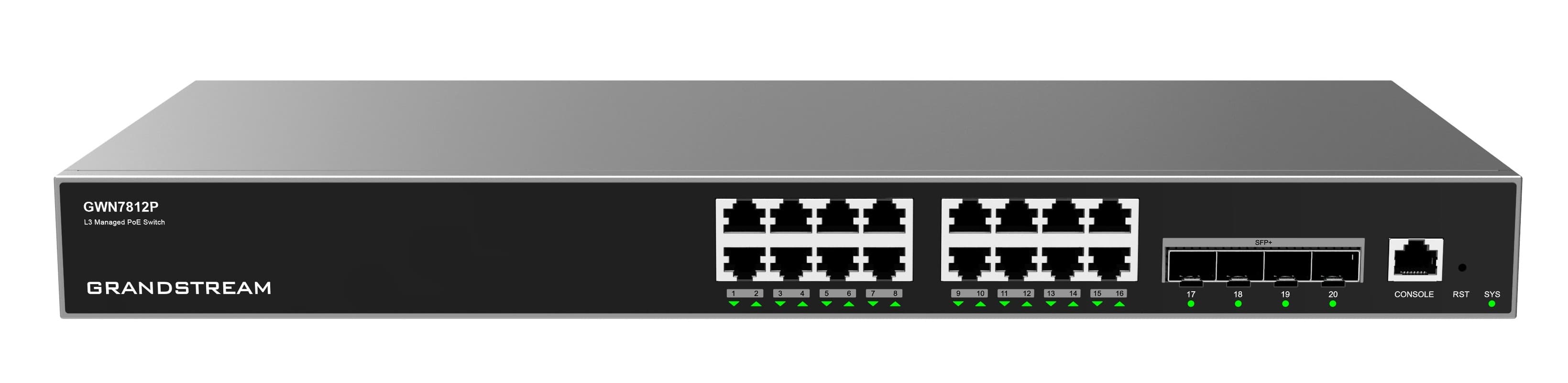 Grandstream GWN7812P L3 Managed Network PoE Switch 16 portů 4 SFP+, VLAN, DHCP, Stacking