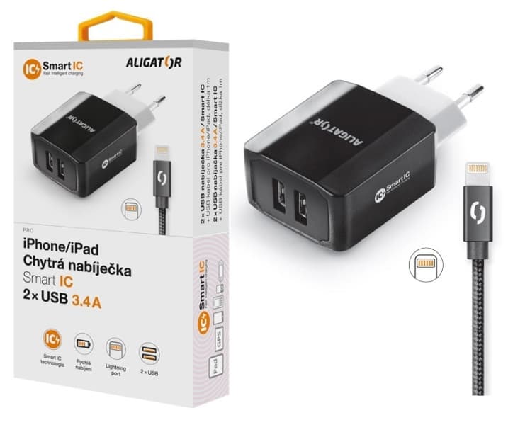 Chytrá síťová nabíječka ALIGATOR 3.4A, 2xUSB, smart IC, černá, kabel pro iPhone iPad 2A
