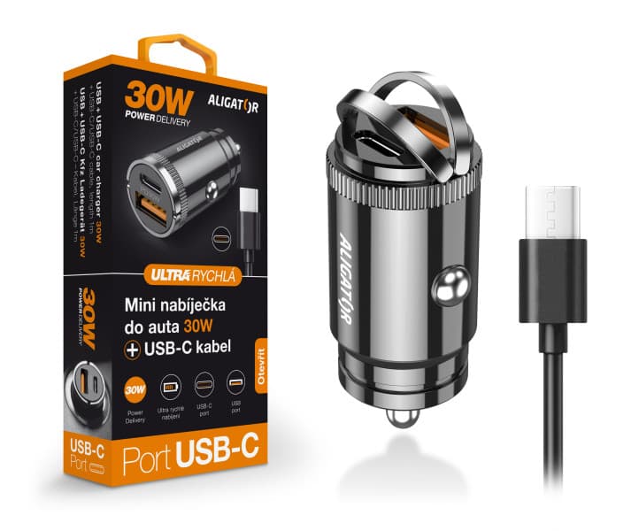 Aligator mini nabíječka do auta Power Delivery 30W, USB-C + USB-A, USB-C USB-C kabel