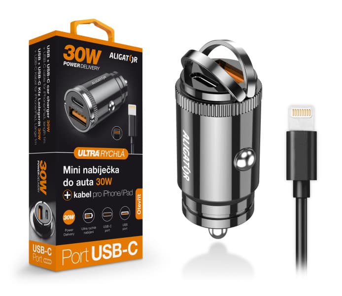 Aligator mini nabíječka do auta Power Delivery 30W,USB-C + USB-A, USB-C kabel pro iPhone
