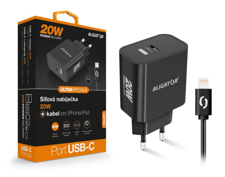 Chytrá síťová nabíječka ALIGATOR Power Delivery 20W, USB-C kabel pro iPhone iPad, černá