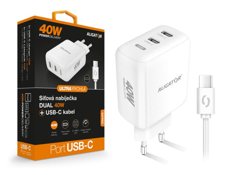 Chytrá síťová nabíječka ALIGATOR Power Delivery 40W, 2xUSB-C, USB-C USB-C kabel, bílá