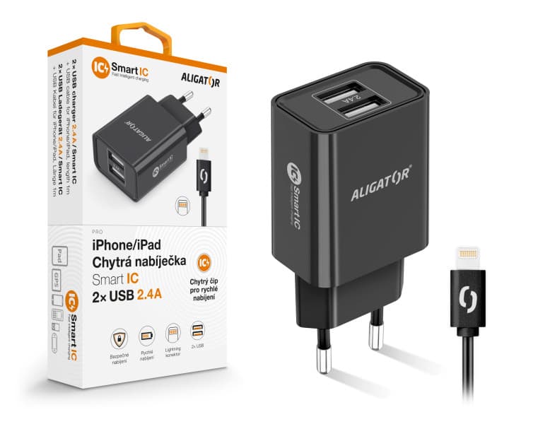 Chytrá síťová nabíječka ALIGATOR 2,4A, 2xUSB, smart IC, černá, USB kabel pro iPhone