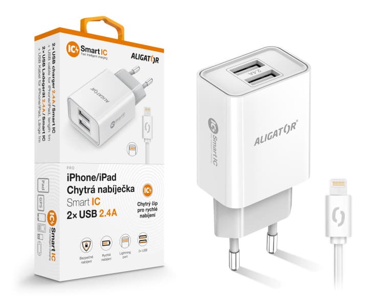 Chytrá síťová nabíječka ALIGATOR 2,4A, 2xUSB, smart IC, bílá, USB kabel pro iPhone