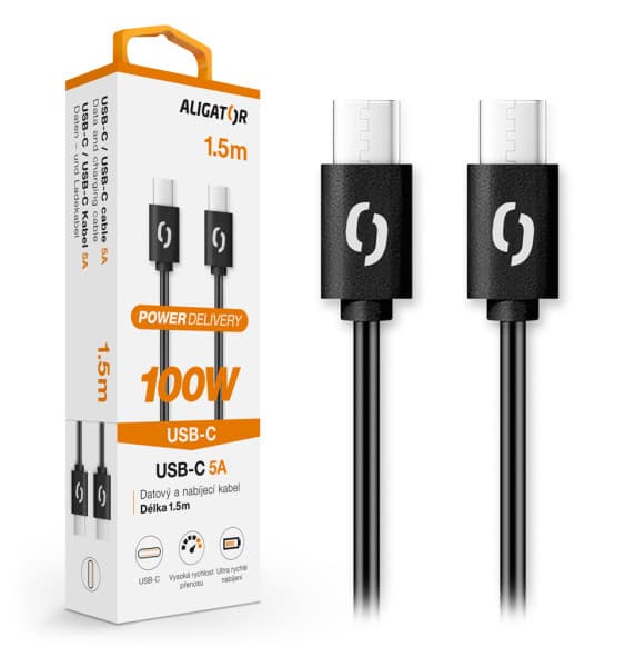Datový kabel ALIGATOR POWER 100W, USB-C USB-C 5A, 1,5m černý